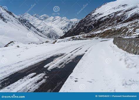 Road Covered By Fresh Snow Road To Khunjerab Pass Border Between