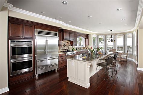 Cherry Cabinets With White Island Cherry Cabinets Kitchen Wood Floor