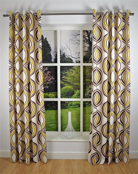 Retro Modern Geometric Print Readymade Lined Eyelet Curtains Mustard