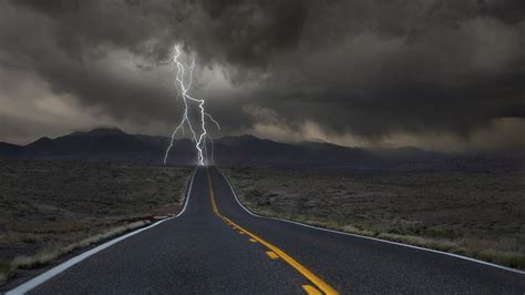 Nature Landscape Clouds Lightning Storm Horizon Road Dark