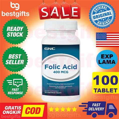 Folic acid atau asam folat digunakan untuk mencegah dan mengatasi defisiensi (kekurangan) asam folat serta komplikasinya. GNC FOLIC ACID 400 MCG PERKEMBANGAN OTAK ANEMIA PENCERNAAN ...