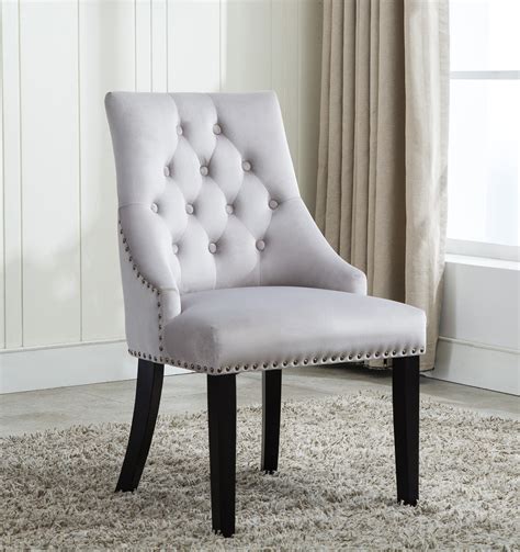 Victoria Tufted Velvet Fabric Studded Accent Dining Chair Light Grey