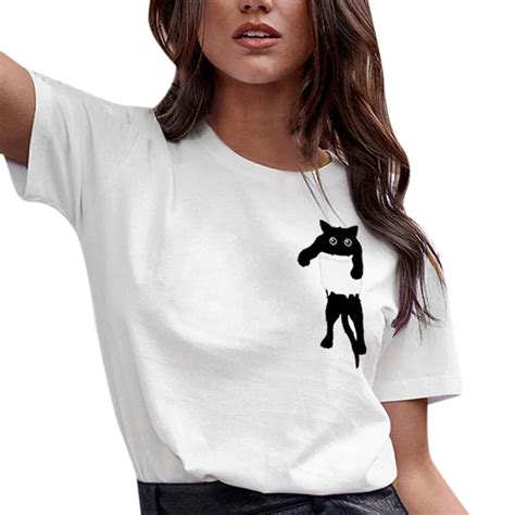 Feitong Women Cat Print T Shirt Tops Ladies Causal Loose Short Sleeve Simple Pullover Tops Tee