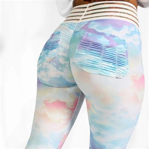 2019 New Sexy Lace Splicing Waist Leggings Women Colorful Clouds Print Pocket Workout Push Up