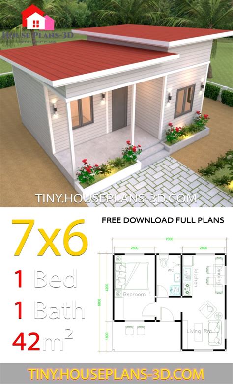 The main space has a small kitchen, large closet. Tiny House Plans 7x6 with One Bedroom Shed Roof - Tiny ...