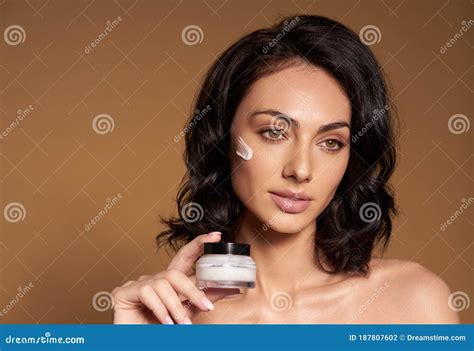 Close Up Beauty Portrait Laughing Beautiful Half Naked Woman Applying Face Cream Make Up Health