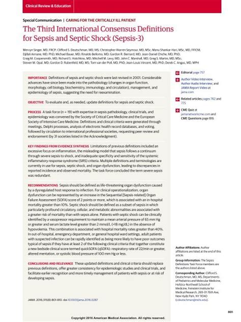 Third International Consensus Definitions For Sepsis And Septic Shock