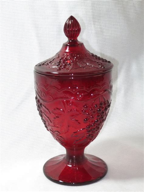 Vintage Ruby Red Grape Embossed Depression Glass Covered Compote Candy