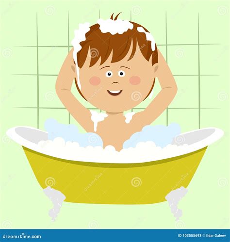 Smiling Beautiful Baby Boy Bathing In Bathtub With Shower At Home Stock