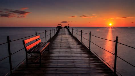 pier bench sunset 4k wallpaper 4k
