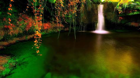 Waterfall Lake Grass Cave Sky Wallpapers Hd Desktop A