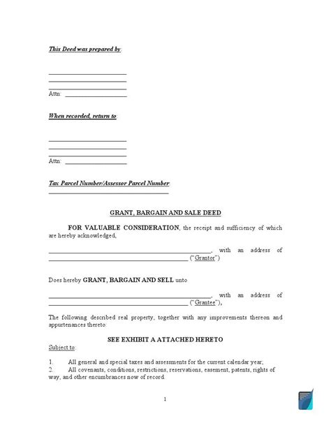 Free Bargain And Sale Deed Form Fillable PDF Template