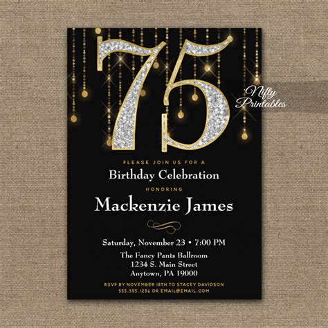 75th Birthday Invitations Black Gold Diamonds Adult Printed Nifty