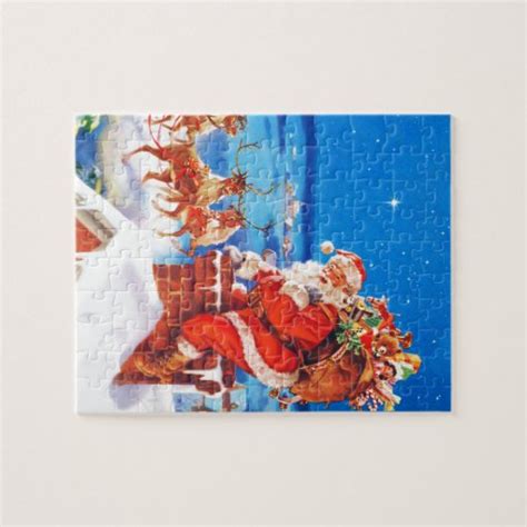 Santa Claus And His Reindeer Up On The Rooftop Jigsaw Puzzle Zazzle