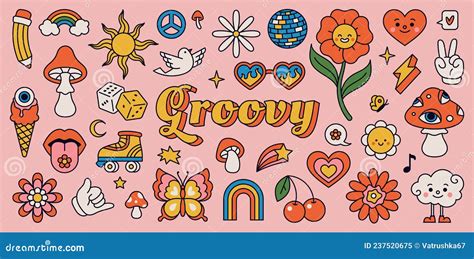 Retro 70s Hippie Stickers Psychedelic Groovy Elements Cartoon Funky