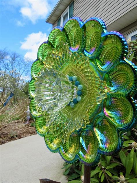 Glass Plate Flower Yard Art Outdoor Decor Upcycled Etsy Glass Plate