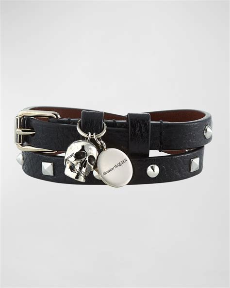 Alexander Mcqueen Mens Studded Leather Wrap Bracelet W Charms