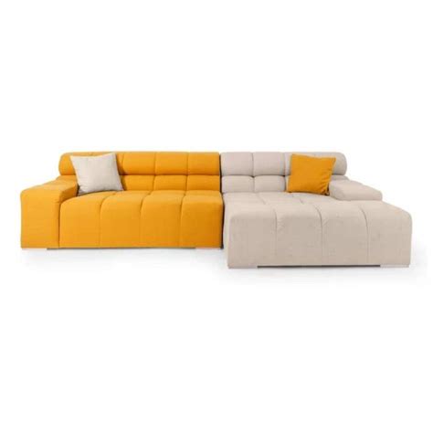 Funterior Buxton 4 Seater L Shape Leatherette Yellow And White Sofa Set