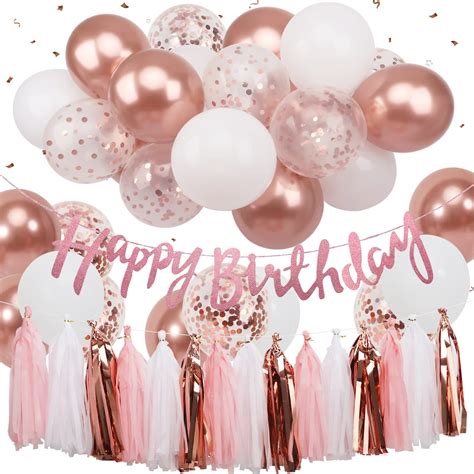 Birthday Decorations Set With Glittery Happy Birthday Banner And Paper Fringe Wreath Rose Gold