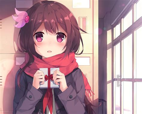 Wallpaper Shy Expression Valentines Day Anime Girl Red Scarf