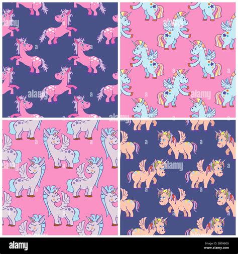 Vector Hand Drawn Unicorns Seamless Patterns Set Illustration Of