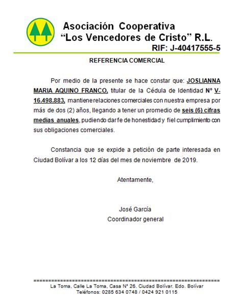 Modelo De Carta De Referencia Comercial Entre Empresas En Colombia Word