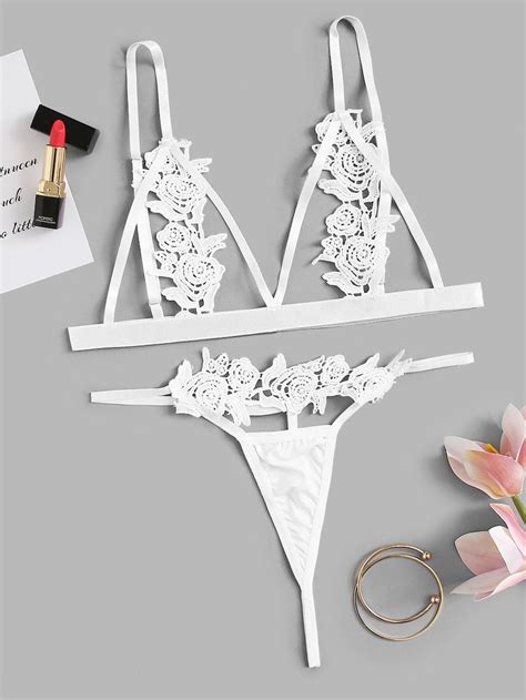 Appliques Triangle Top With G String Lingerie Set Sheinsheinside