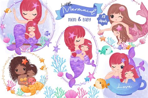 Cute Mom And Baby Mermaid Clip Art Set Illustration Par Drawstudio1988