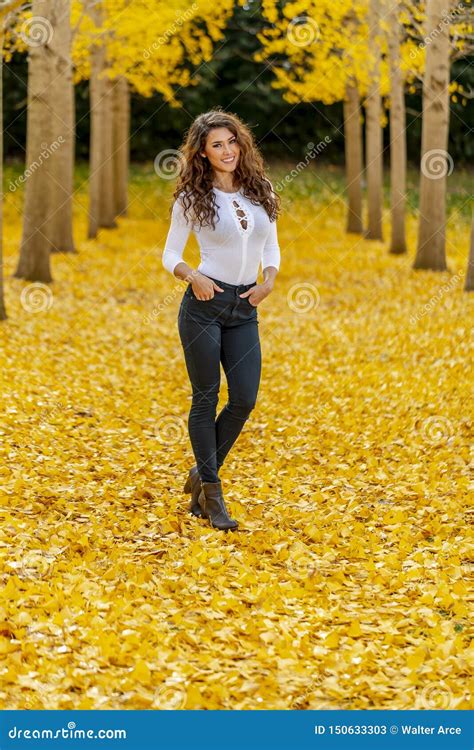 Brunette Model In Fall Foliage Stock Image Image Of Elegance Forest