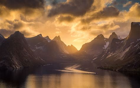 Photography Nature Landscape Sunset Mountains Clouds Fjord Snow