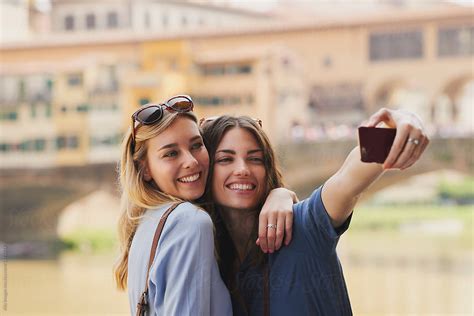 Beautiful Girl Friends Travel Taking Selfies Camera Photo In His By