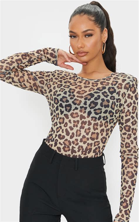 Tan Leopard Print Mesh Shoulder Pad Bodysuit Prettylittlething Aus