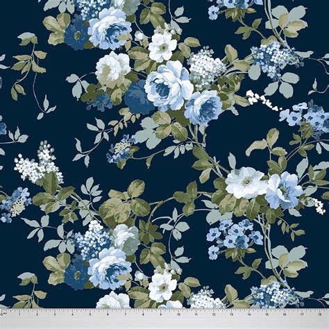 Navy Blue Floral Printed Sewing Material Home Decor Fabric Etsy