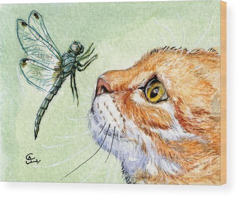 Cat And Dragonfly Wood Print By Svetlana Ledneva Schukina