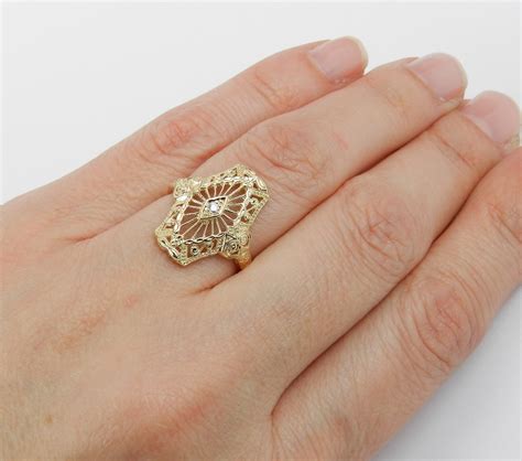 antique style diamond ring vintage filigree solitaire ring diamond cocktail ring 14k yellow