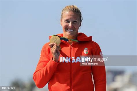 Gold Medalist Danuta Kozak Of Hungary Stands On The Podium During The