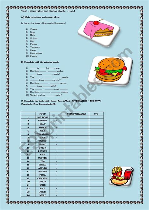 Food Countable And Uncountable Mini Test Esl Worksheet By
