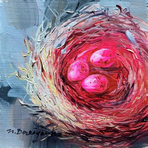 Bird Nest Painting Original Framed 4x4 Hot Pink Ruby Eggs Miniature