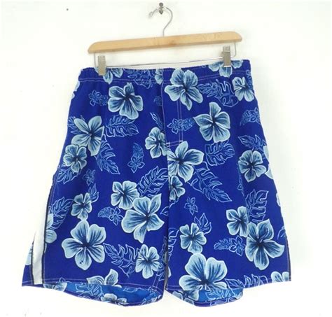 Vintage Mens Floral Swim Trunks 90s Blue Flowered S Gem