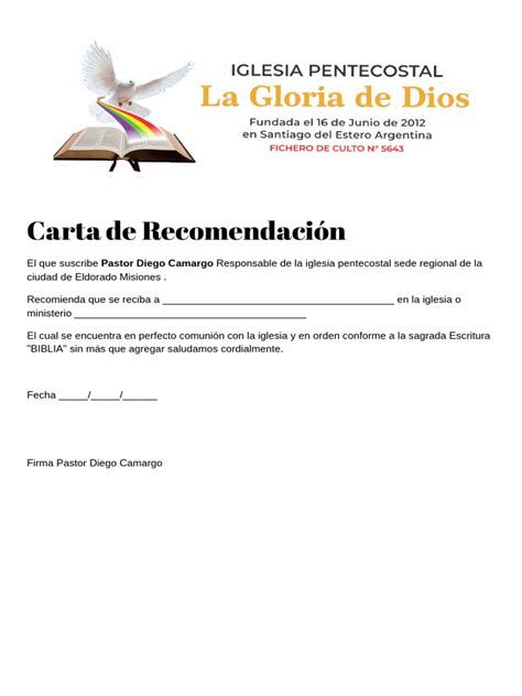 Carta De Recomendación Iglesia Pdf