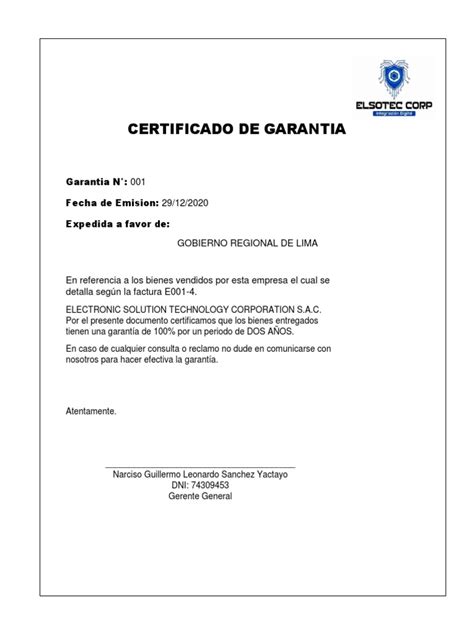 Certificado De Garantia Pdf