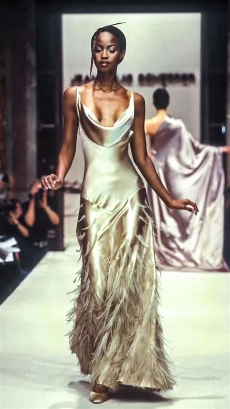 Black 90s Vogue Model Runway Couture Feather Dress Elegant Runway