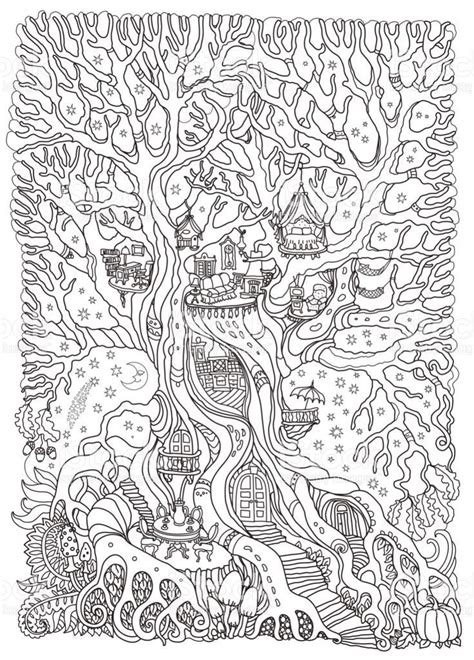 This forest is amazing with all its forms. Enchanted Forest Coloring Pages | Vector Hand Drawn ...