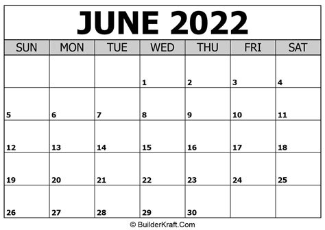 June 2022 Calendar Printable Template