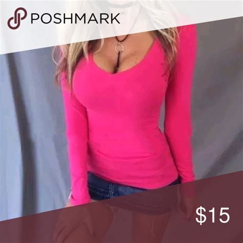 Pink Long Sleeve Vneck Solid Shirt Cute Fitted Top M Tops Tees Long Sleeve Clothes Design