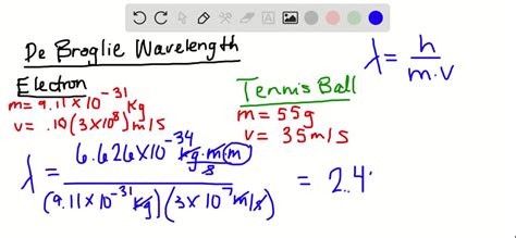 \lambda = \frac {h} {mv} λ = mvh. SOLVED:Calculate the de Broglie wavelength for ea…