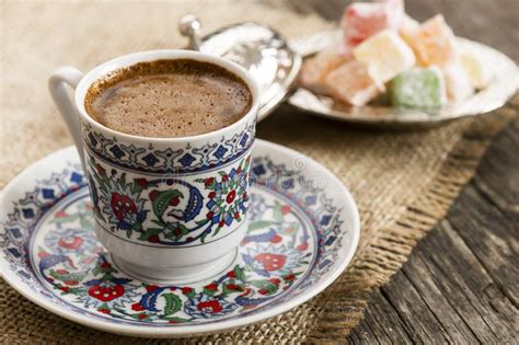 Traditional Turkish Coffee In Porcelain Cup With Turkish Delights Stock