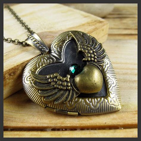 Angel Wing Locket Necklace With Swarovski Emerald By Yylulu Locket