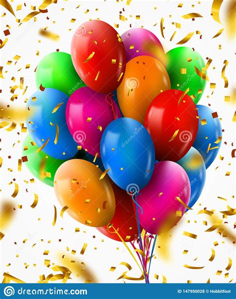 3d Realistic Colorful Bunch Of Birthday Balloons With Confetti Flying