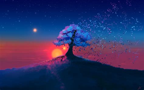Download Wallpaper 1440x900 Dark Tree Sunset Landscape Art